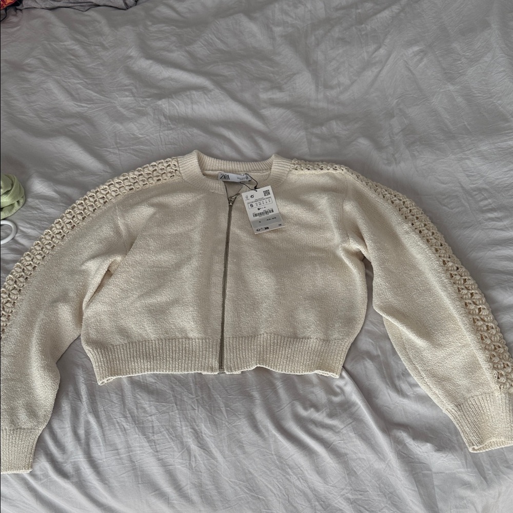 Zara Ivory Knit Cardigan with Crochet Sleeves